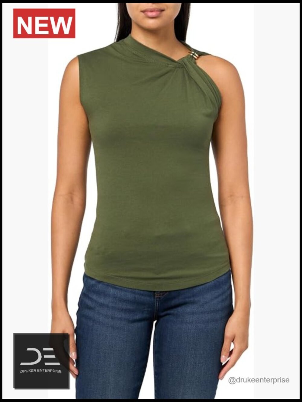 Asymmetric Embellished Twist Tee with Metal Rings - Sleeveless